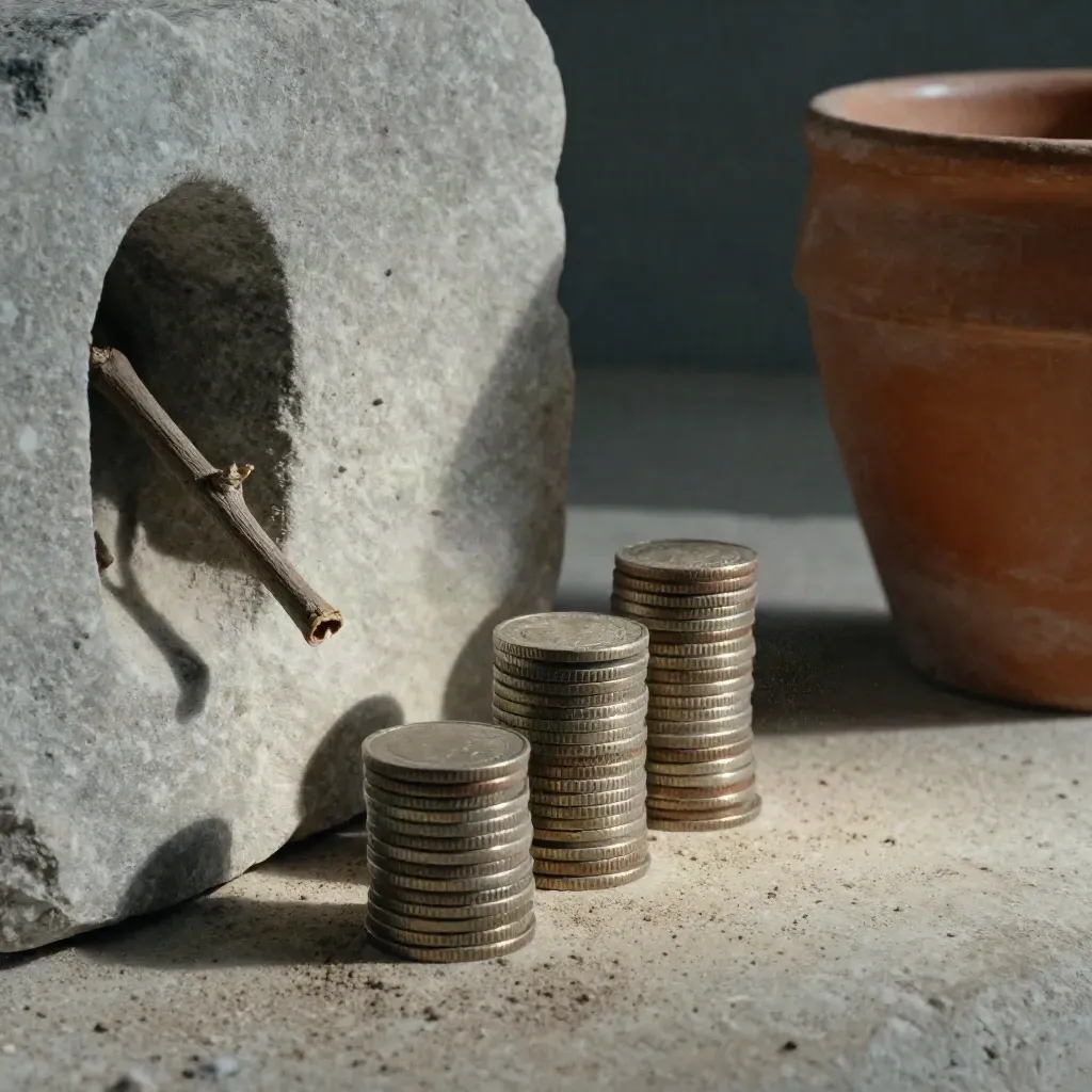 Tre pile di monete, vaso di terracotta e ramo secco in nicchia di pietra all’alba.