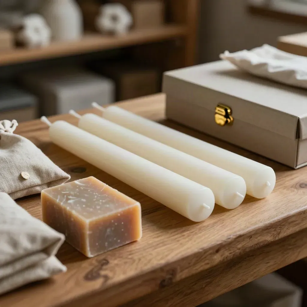 Candele bianche, saponi artigianali, pochette in lino e scatola chiusa su banco di legno.